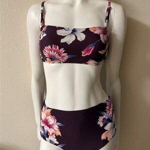 Kona Sol Plum Floral Bandeau Bikini Set with Pink & Cream Blooms